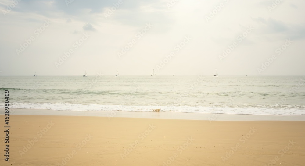 Serene beach with sailboats on the horizon under a cloudy sky on a peaceful day Serene beach with sailboats on the horizon under a cloudy sky on a peaceful day