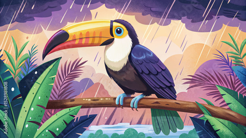 colorful toucan perched on a branch in a foggy rainforest ideal for tropical nature scenes, wildlife design, and environmental themes
