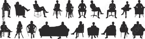 Diverse Collection of People Silhouettes Sitting in Chairs and Sofas: Various Poses Representing Relaxation, Conversation, and Waiting, Ideal Vector Illustrations for Public Spaces