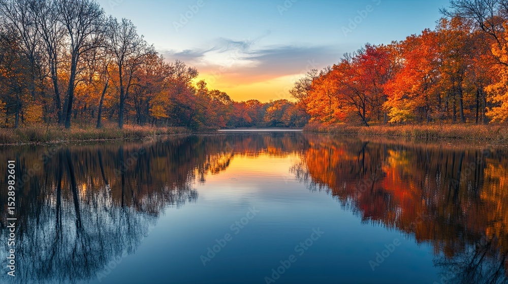 Calm Water Reflecting Autumn Trees at Sunset Calm Water Reflecting Autumn Trees at Sunset