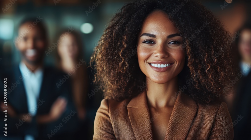 Obraz premium A confident woman with curly hair smiles warmly against a blurred backdrop of her professional peers, embodying self-assurance and strong leadership in a business setting.