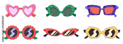 Cartoon sunglasses set with trendy frames and decorative patterns. Fun summer eyewear in various styles for beach vacation designs. Bright sticker pack for party props and seasonal decorations.