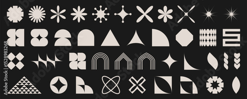Minimalist geometric shapes collection in brutalist style. Abstract design elements with stars, curves, triangles and simple forms. Modern graphic patterns. Monochrome symbols and decorative motifs