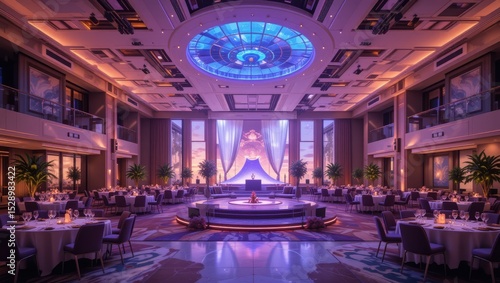 Elegant Luxury Banquet Hall with Stunning Ceiling Design and Ambient Lighting for Celebrations