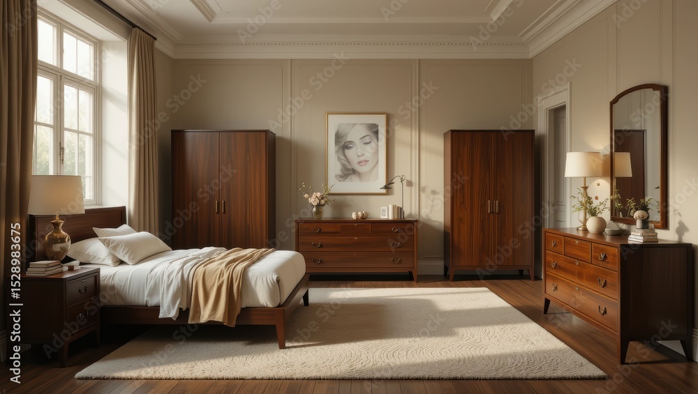 Naklejka premium Spacious and Elegant Bedroom Interior Featuring Wooden Furniture and Natural Light