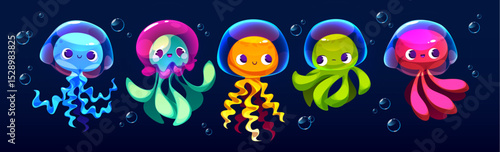 Cartoon jellyfish medusa characters with kawaii faces floating underwater - colorful ocean creatures with transparent domes, flowing tentacles, bubbles on dark blue background. Cute marine animals.