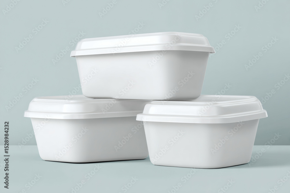 Three blank white plastic food containers stacked Three blank white plastic food containers stacked