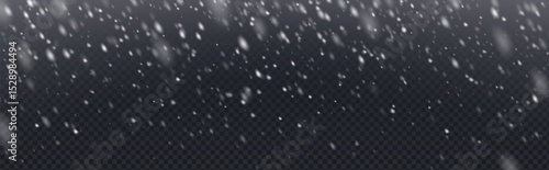 Snow overlay with falling white flake particles on transparent bg. Winter weather effect with various sizes of snowflakes. Realistic frozen precipitation for seasonal designs and holiday compositions.