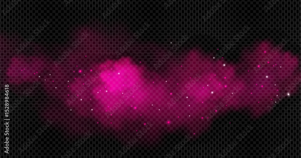 Fototapeta premium Pink smoke clouds with sparkle particles floating on transparent background. Magical fog effect with bright magenta mist and glowing stars. Fantasy atmosphere overlay for romantic or mystical design.