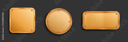 Gold metal tag collection with screws on dark background. Shiny brass plates in square, circular and rectangular shapes for signage. Premium metallic nameplates with mounting hardware for branding.