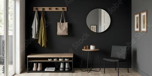 Modern entryway design with black walls, minimalist furniture and natural accents