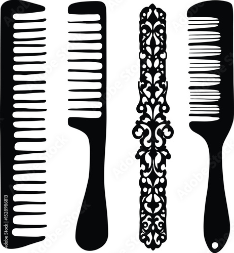 Hair Combs & Styling Tools Symbol Set Featuring Four Distinct Comb Designs: A Standard Evenly Spaced Tooth Comb, a Handle Comb with Wider Teeth for Detangling, an Ornate Decorative Comb