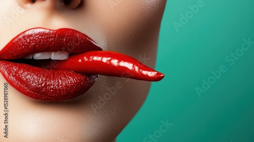 Fototapeta Naklejka Na Ścianę i Meble -  A striking close-up of a woman’s lips painted in bold red, playfully showcasing a chili pepper that embodies passion, allure, and spice in an artistic and vibrant fashion.