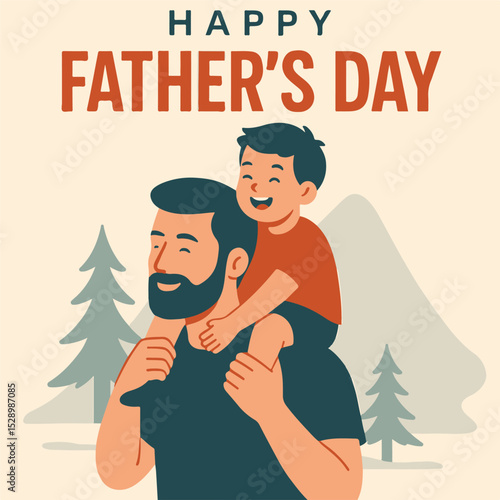 A cheerful Father’s Day vector illustration showing a dad carrying his happy son on his shoulders with trees and mountains in the background. Perfect for greeting cards, posters, and social media.