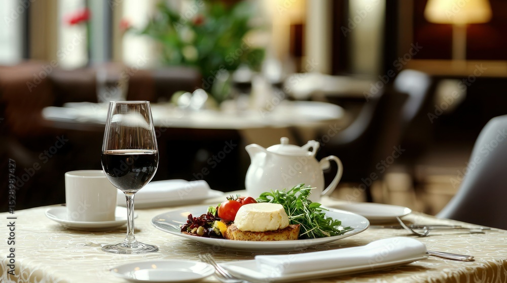 A dining table set with a plate of food, a glass of wine, and a teapot, with a blurred background of other tables and chairs. A dining table set with a plate of food, a glass of wine, and a teapot, with a blurred background of other tables and chairs.