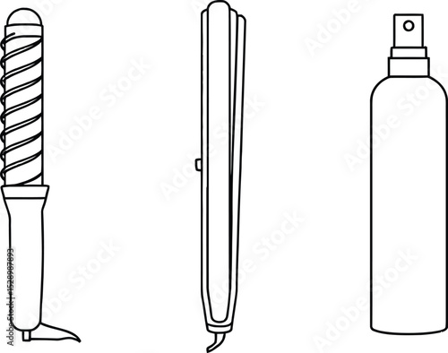 Hair Styling Tools & Grooming Symbol Set Featuring a Curling Iron, Hair Straightener, and Spray Bottle—Representing Beauty, Haircare, and Styling Essentials