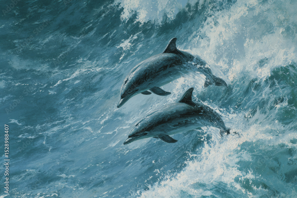 Fototapeta premium Two dolphins leaping through ocean waves