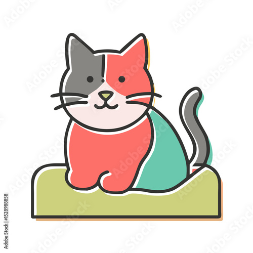 Adorable Cartoon Cat Illustration Cute Red and Gray Feline Sitting on a Pad