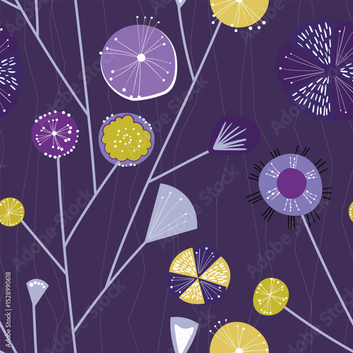 Seamless floral pattern based on traditional folk art ornaments. Colorful flowers on color background. Scandinavian style. Sweden nordic style. Vector illustration. Simple minimalistic pattern.