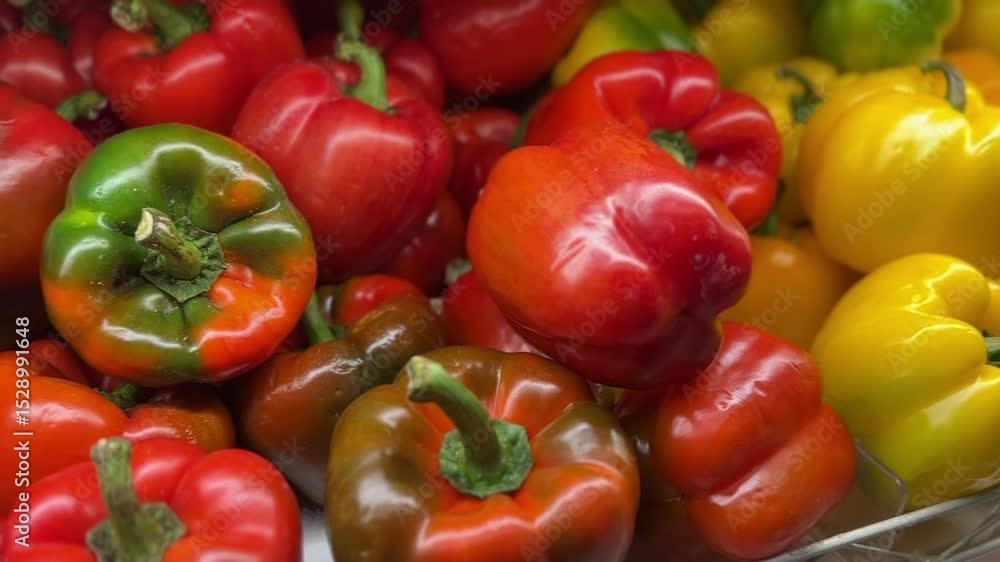 Close-up view of red, yellow, and green bell peppers on shelf with glossy texture and color
Close-up view of red, yellow, and green bell peppers on shelf with glossy texture and color
