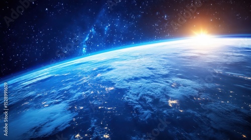 Fototapeta Naklejka Na Ścianę i Meble -  close up of earth's atmosphere layers with the ozone layer glowing in blue, labeled scientific diagram, ultraviolet radiation reflected above, cosmic space background