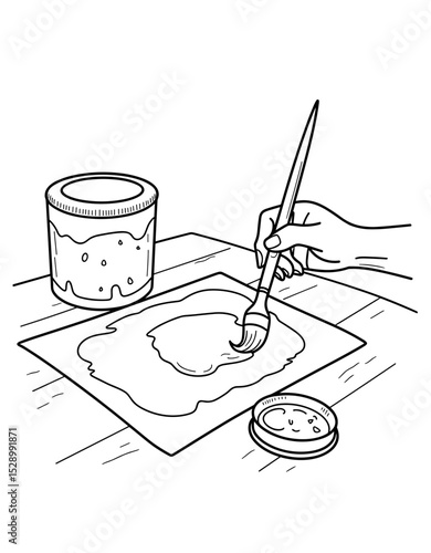 Hand using paintbrush to apply color on paper with paint jar nearby - Concept of Back to School - coloring page for kids 5 - 8 years old  