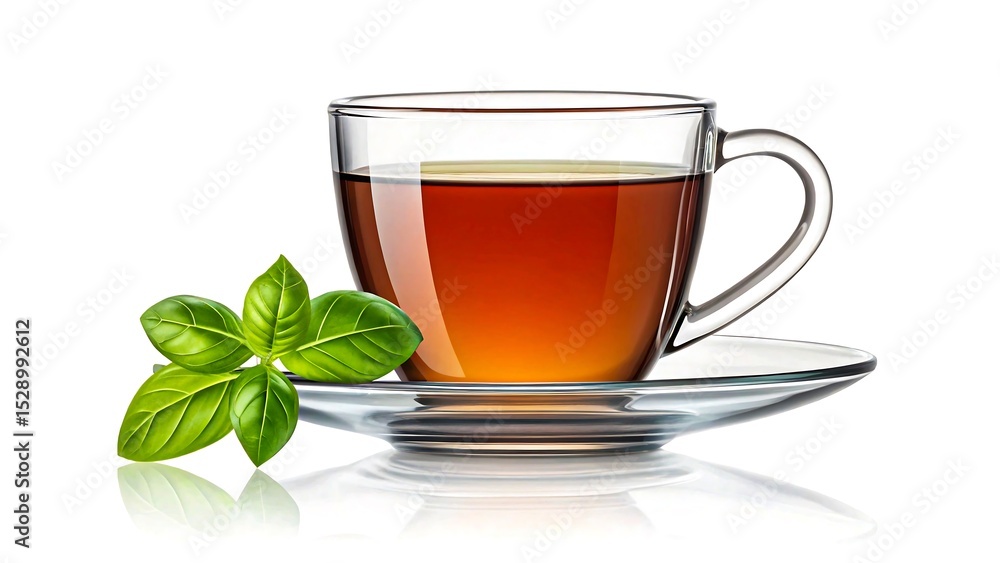 Glass cup of black tea with fresh green basil leaves on saucer isolated on white
Glass cup of black tea with fresh green basil leaves on saucer isolated on white