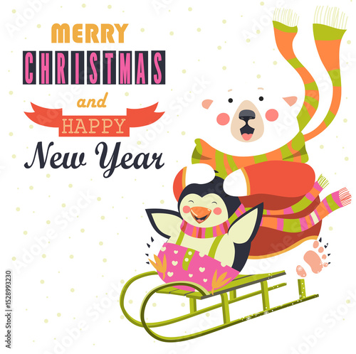 Frightened bear and happy penguin rolling down a hill on sleds. Vector greeting card