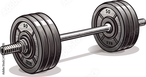 Bold vector illustration of a heavy barbell with weight plates on each side, designed with metallic textures and isolated on a clean white background perfect for fitness and gym concepts.