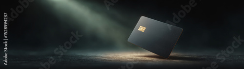 Sophisticated black and gold credit card floating elegantly under dramatic spotlight, luxury financial concept image