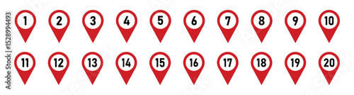 Location pin icons with number. Map marker symbol set with 1 to 20 numbers. Transparent vector illustration.