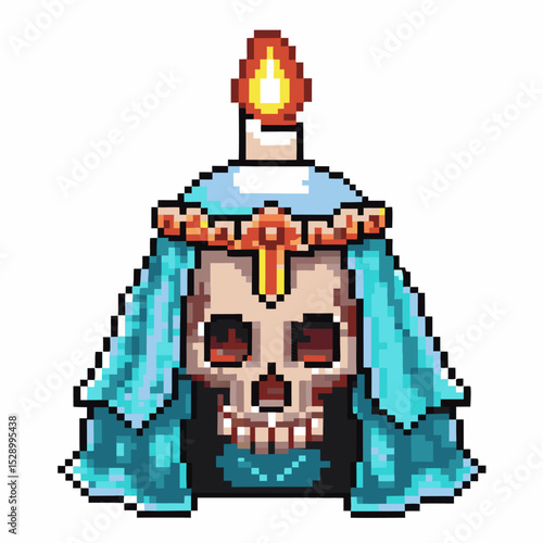 pixel art skull with candle flame crown retro digital illustration, pixelated spooky design in blue hues