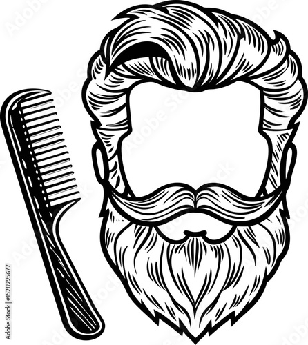 Stylish beard and mustache illustration with comb grooming, grooming tools, gentleman's fashion, barbershop art