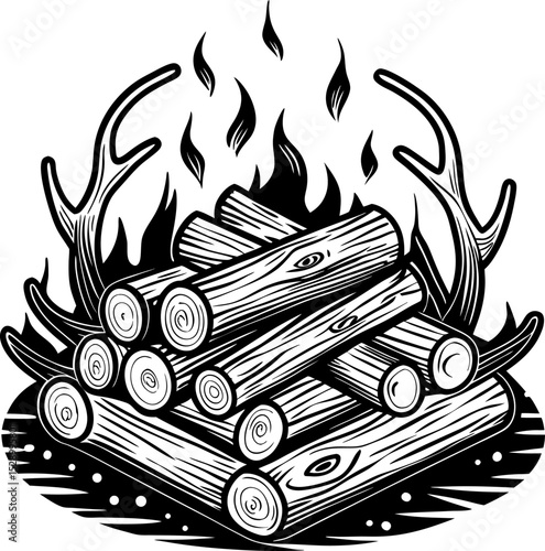 Rustic log fire illustration with antlers woodpile burning, outdoor nature vintage design concept