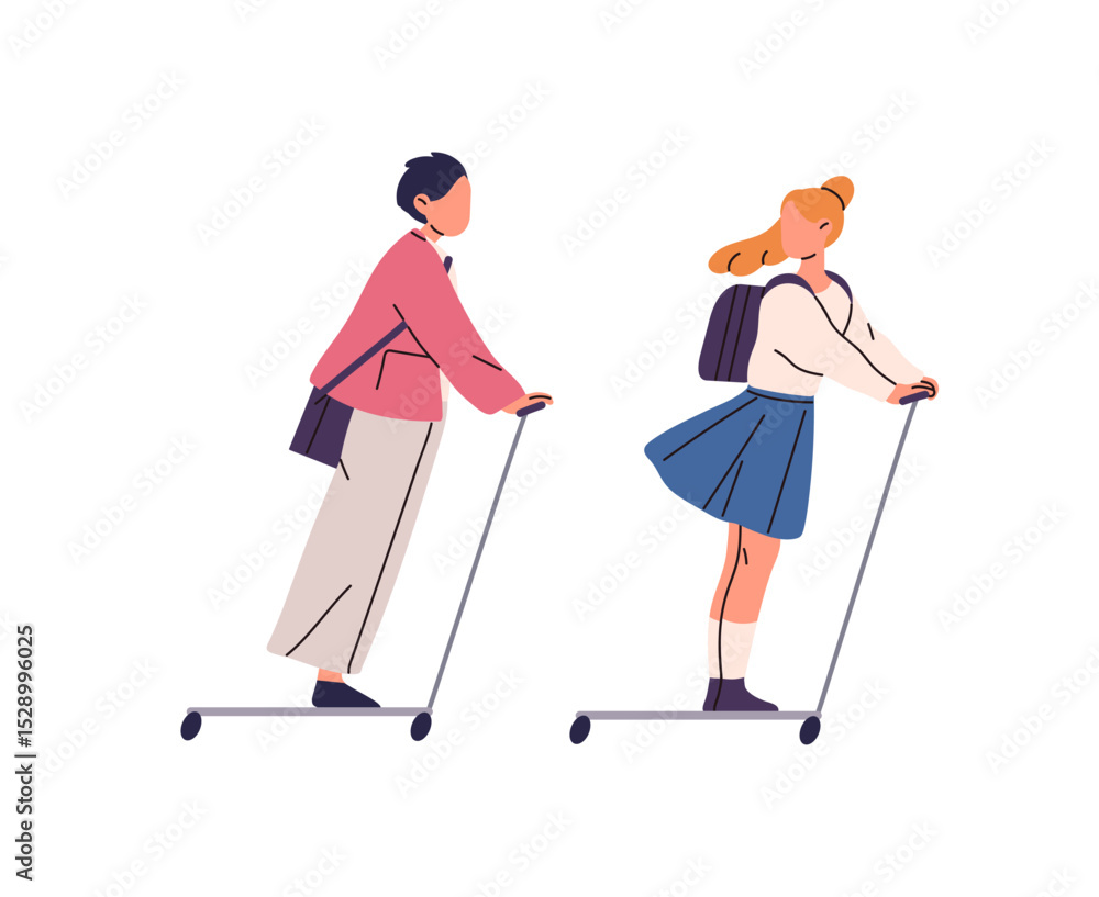 Happy students with backpacks ride on electric kick scooters to the school. Friends with schoolbags walk together. Kids with rucksacks go to the class. Flat isolated vector illustration on white Happy students with backpacks ride on electric kick scooters to the school. Friends with schoolbags walk together. Kids with rucksacks go to the class. Flat isolated vector illustration on white