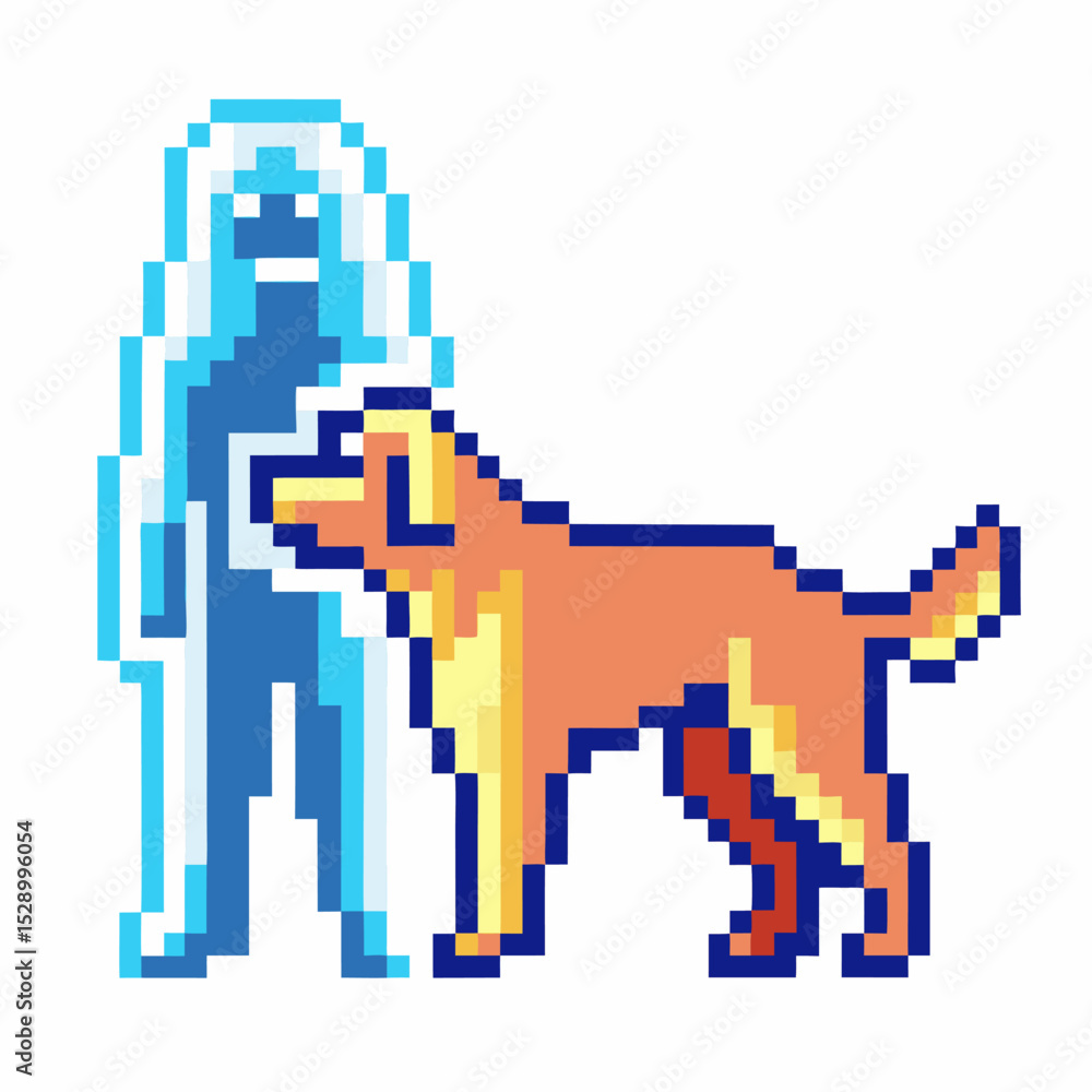 Fototapeta premium Pixel art human figure with loyal dog retro video game style, neon colors, digital character design
