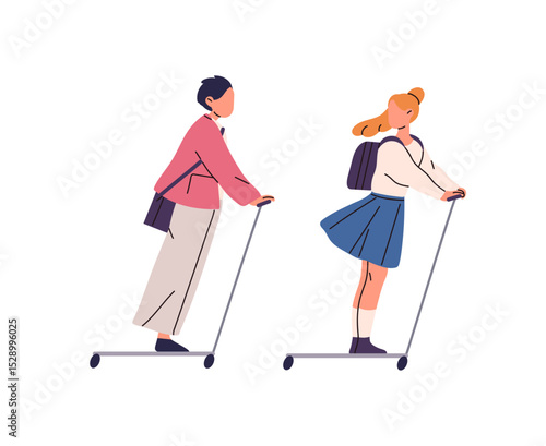 Happy students with backpacks ride on electric kick scooters to the school. Friends with schoolbags walk together. Kids with rucksacks go to the class. Flat isolated vector illustration on white