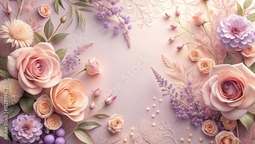 Wallpaper Mural A Delicate Arrangement of Pastel Roses, Dahlias, and Lavender Accents on a Soft Pink Background Torontodigital.ca