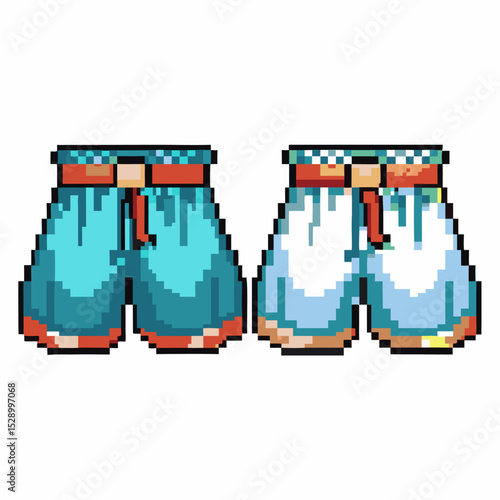 Pixel art of colorful boxer shorts with belts in retro video game