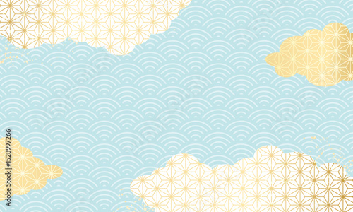 夏　お中元　暑中見舞い　和柄　高級感・水色・青・金・雲　背景