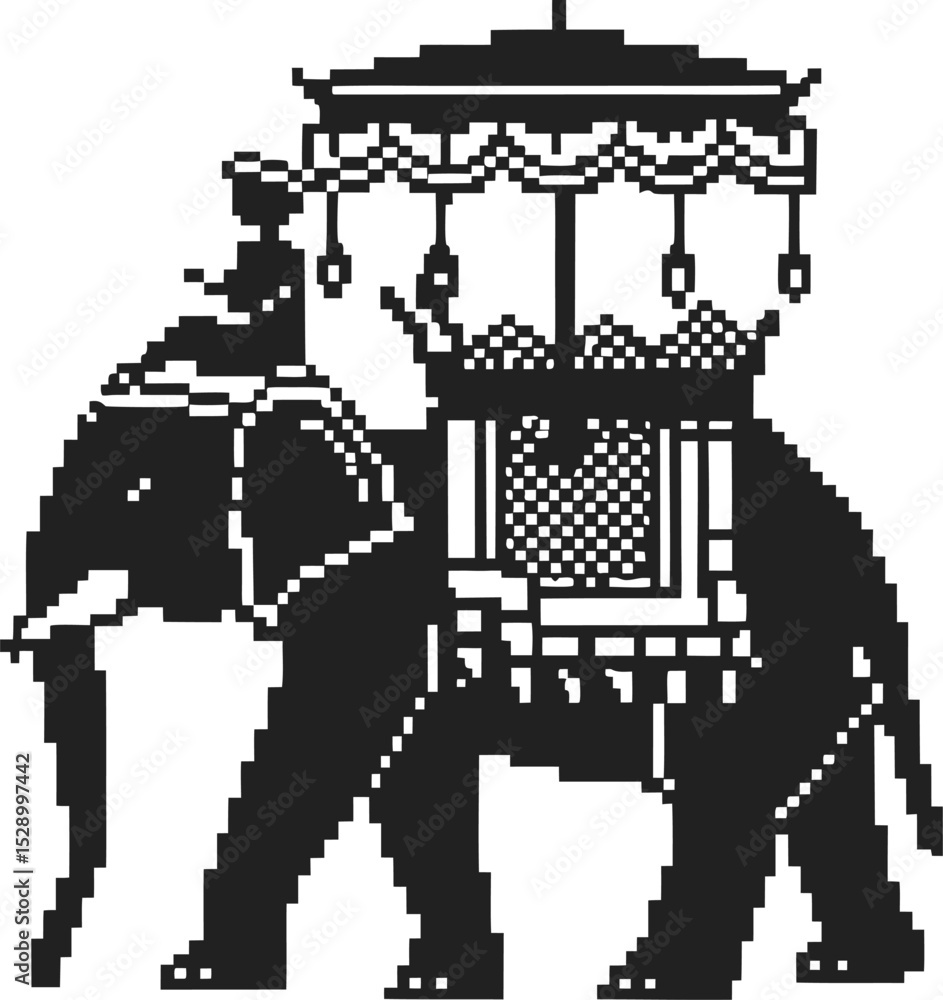Fototapeta premium pixel art elephant with ornate howdah, traditional rider vintage mosaic pattern, cultural heritage illustration