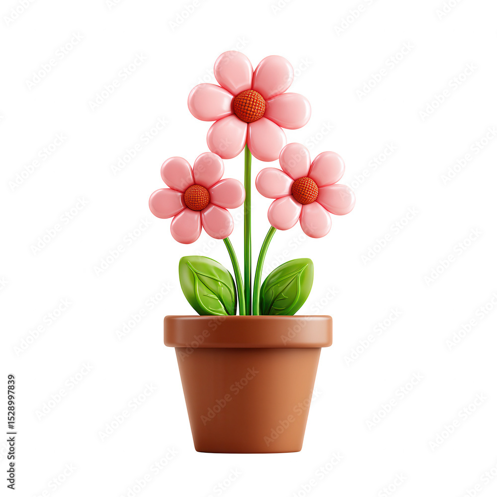 Three pink flowers in brown pot 3d render isolated on transparent background Three pink flowers in brown pot 3d render isolated on transparent background