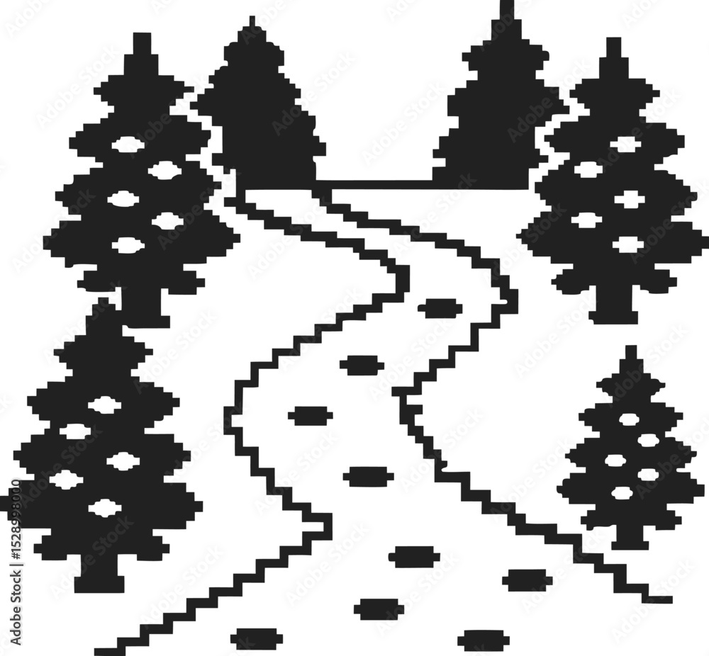 Fototapeta premium Pixelated forest path with pine trees and footprints in snowy landscape