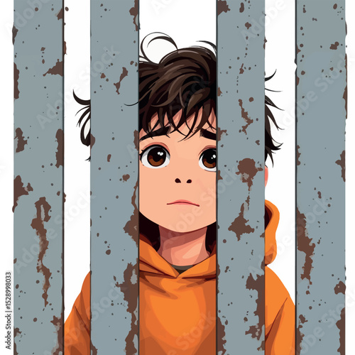 Vsai sad child looking through rusty bars, imprisonment and loneliness concept
