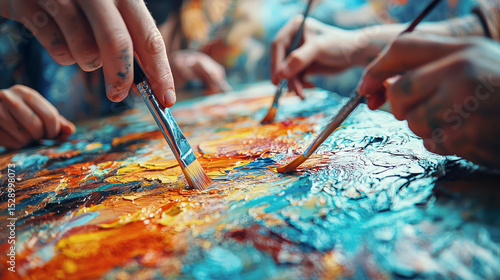 A group of people painting on a canvas together