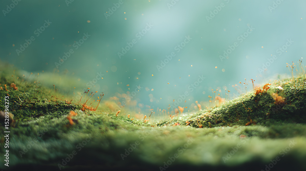Fototapeta premium A fairy-tale inspired miniature landscape made of dense green moss, scattered with bits of bark, seed pods, and tiny leaf fragments to simulate a forest in miniature. Light filters through, giving a