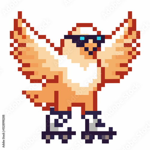 pixel art falcon with sunglasses and roller skates, playful retro gaming