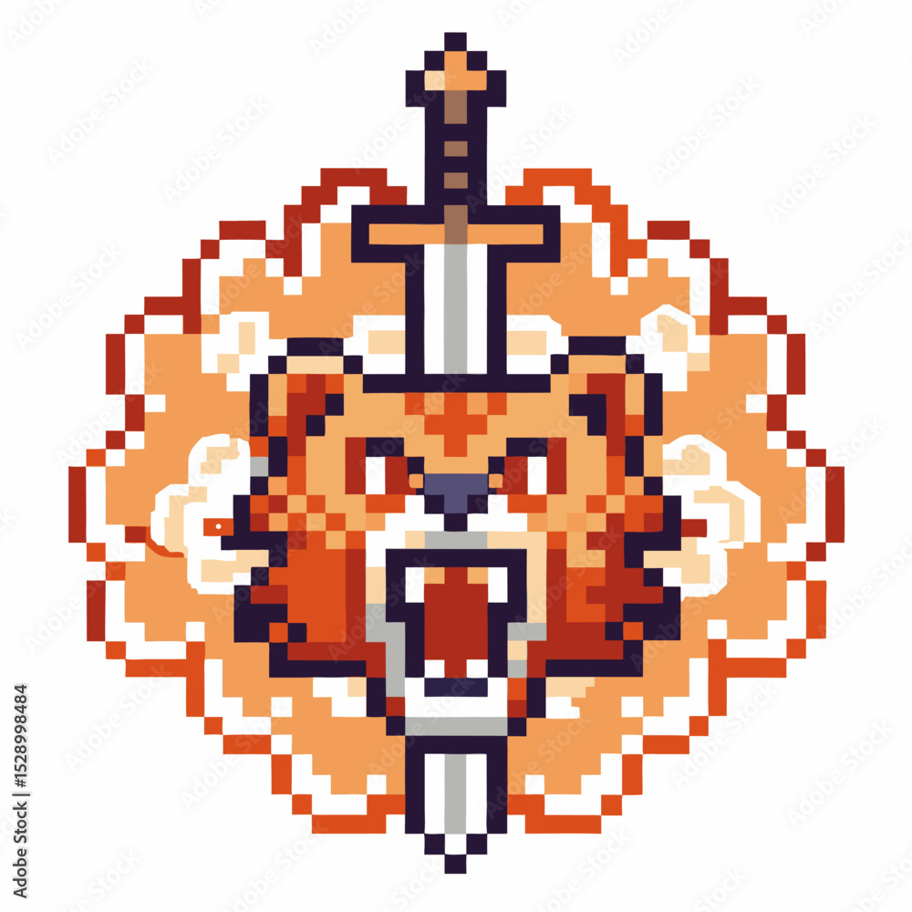 Fototapeta premium pixel art fierce tiger head with sword and orange floral background, symbolizing strength and courage