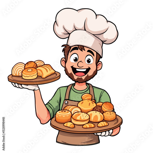 Vsai baker holding trays of freshly baked bread and pastries