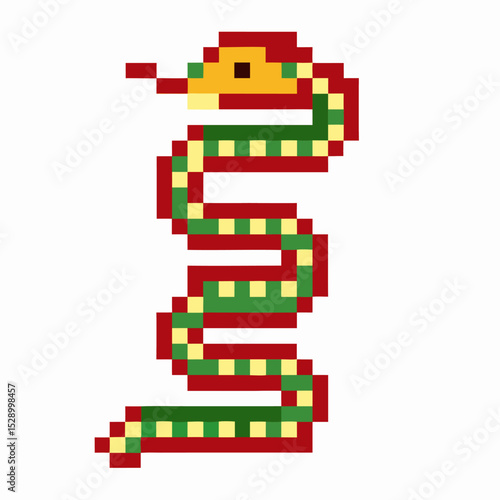 Pixelated serpent with zigzag pattern, retro design stylized digital snake illustration, nostalgic 8 bit art